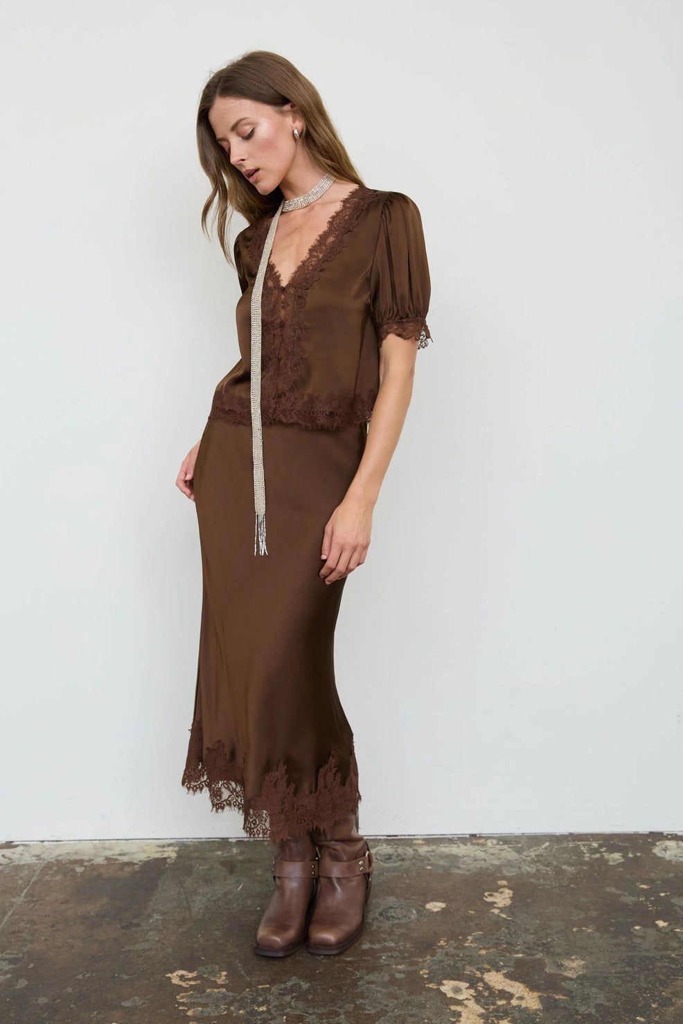 Satin Lace Slip-On Skirt-Chocolate