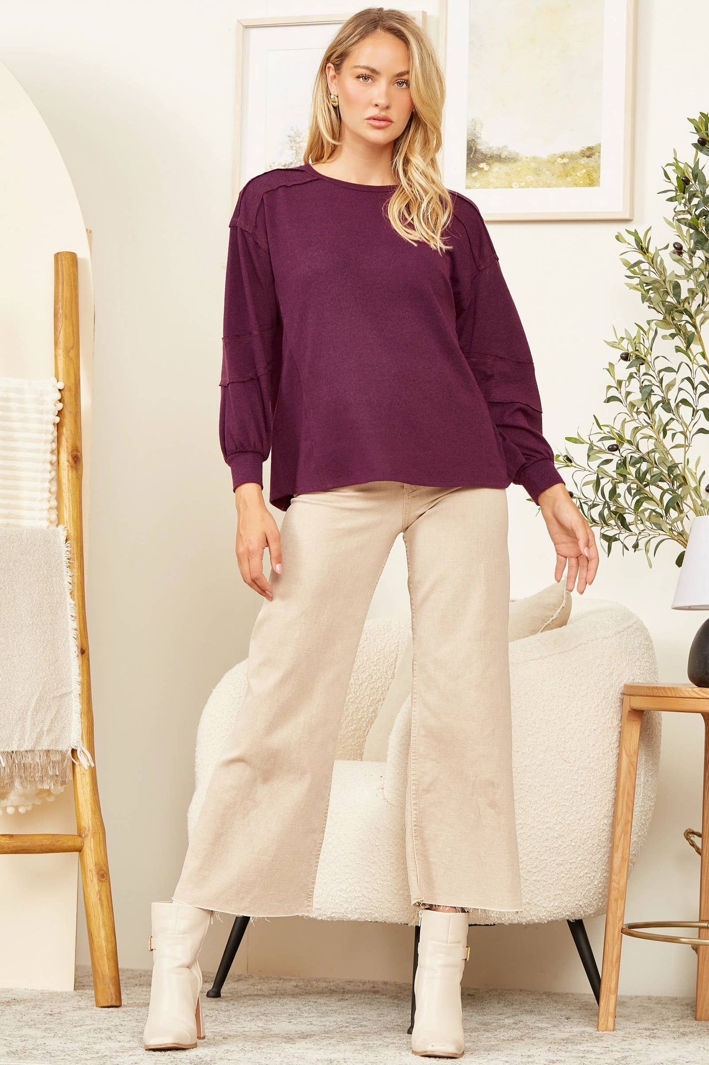 Round Neck Hacci Top-Magenta