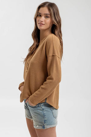 Half Button V-Neck Top-Almond