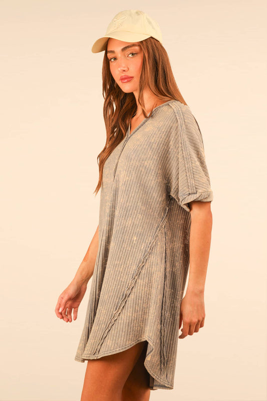 Mineral Washed Ribbed Knit Dress-Denim