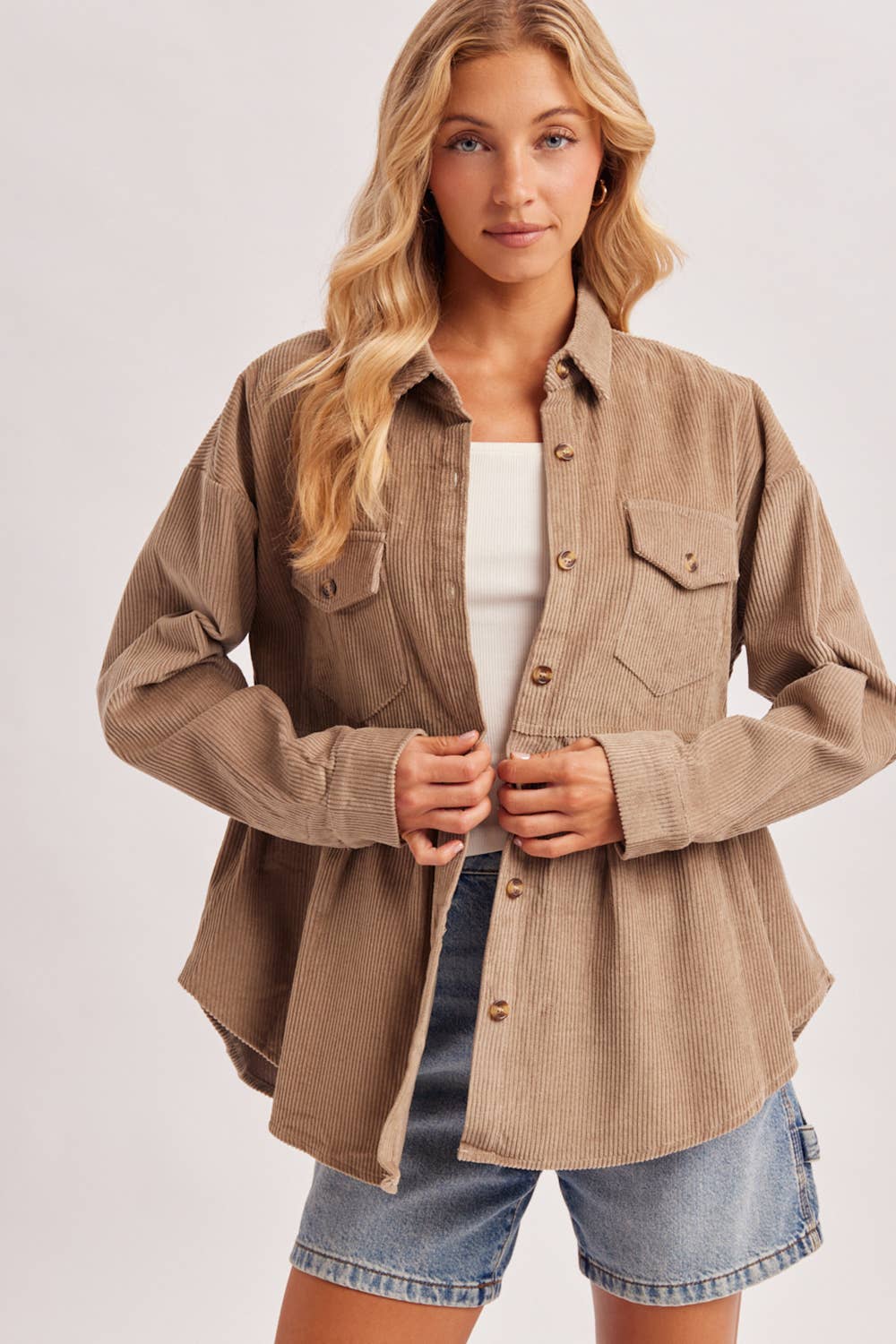 Corduroy Peplum Shacket-Camel