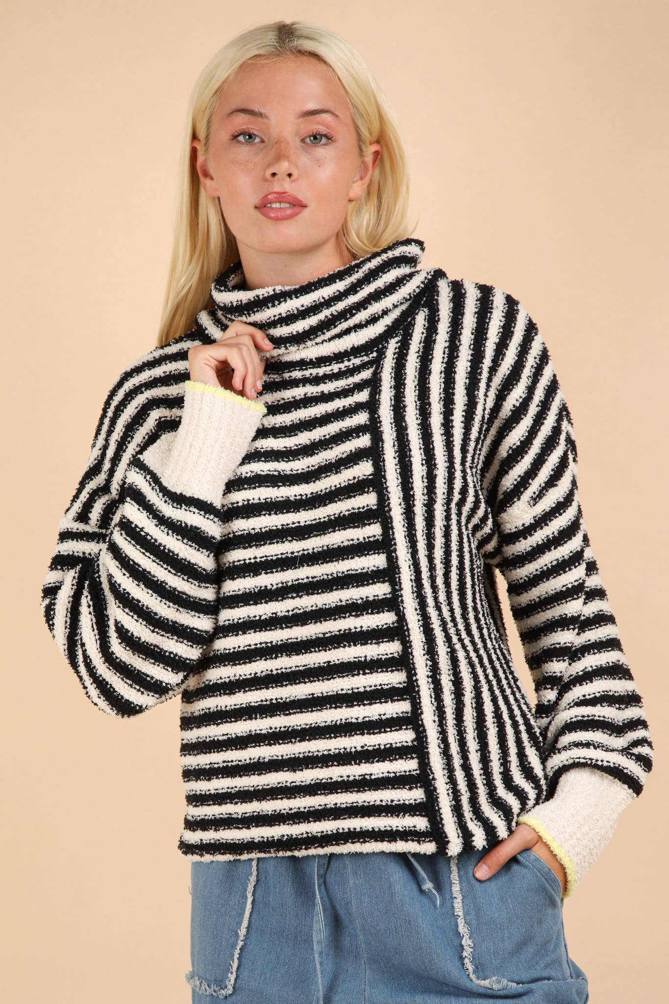 Mock Neck Soft Striped-Black