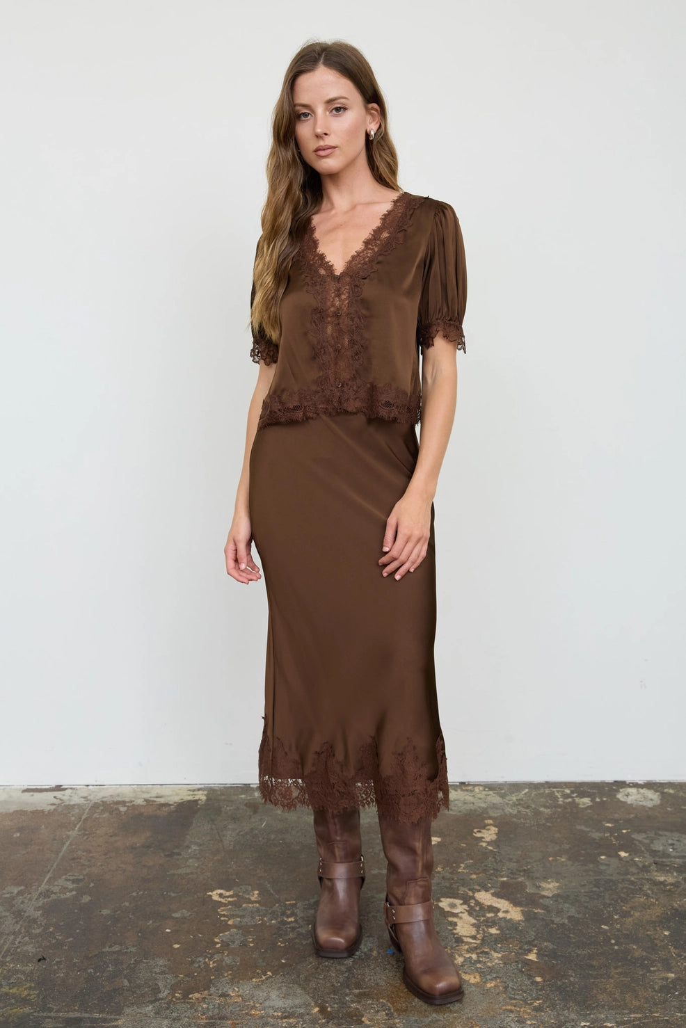 Satin Lace Slip-On Skirt-Chocolate