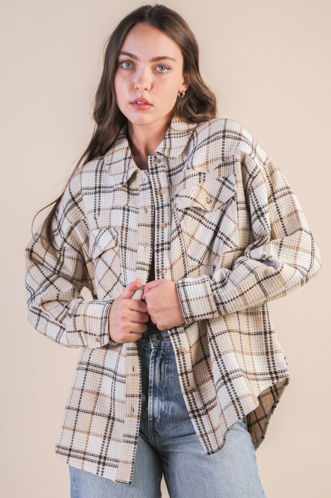 Checkered Casual Flannel Shacket-Cream