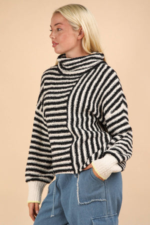 Mock Neck Soft Striped-Black