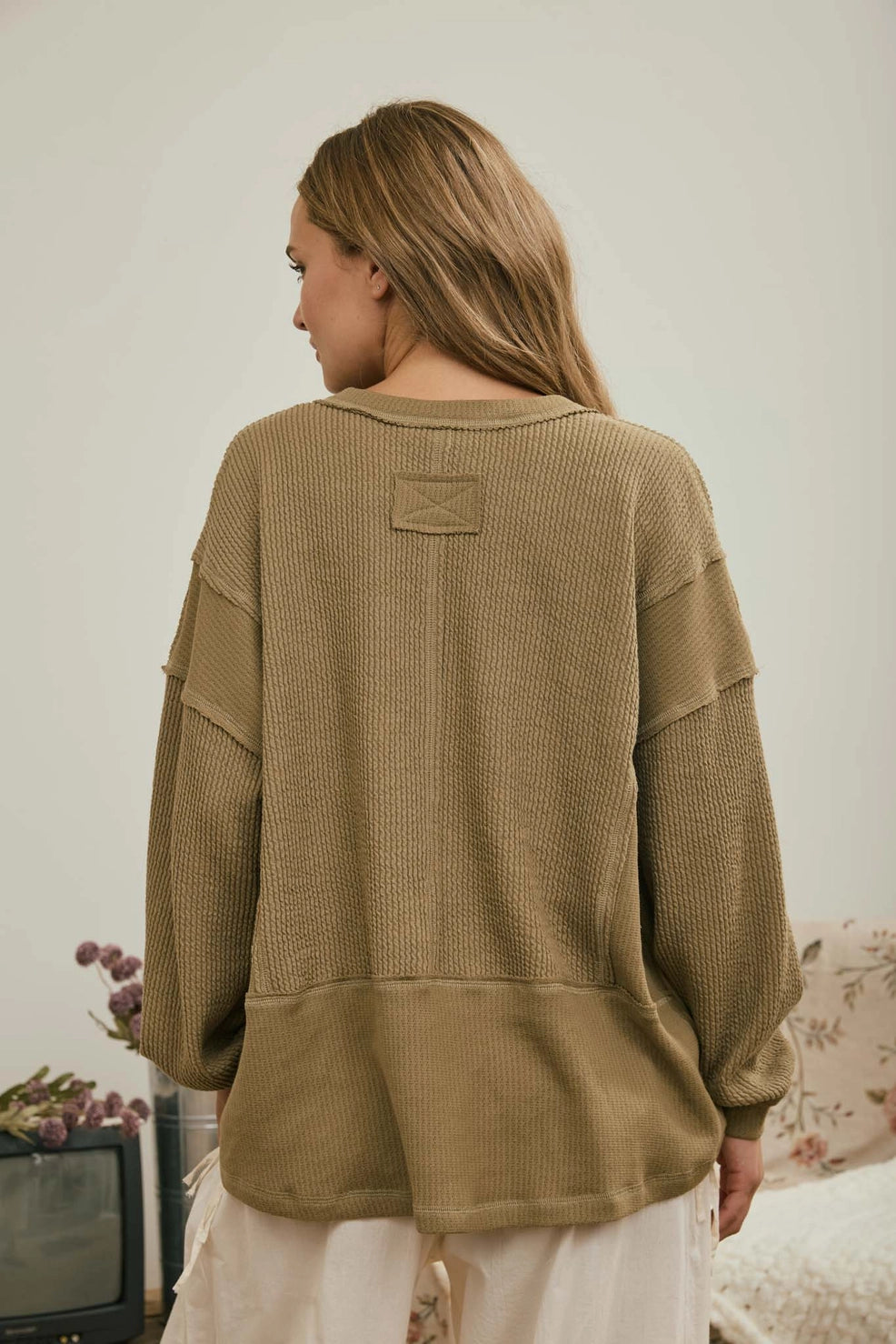 Raw Edge Long Sleeve Top-Sage