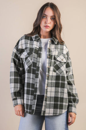 Checkered Casual Flannel Shacket -Olive