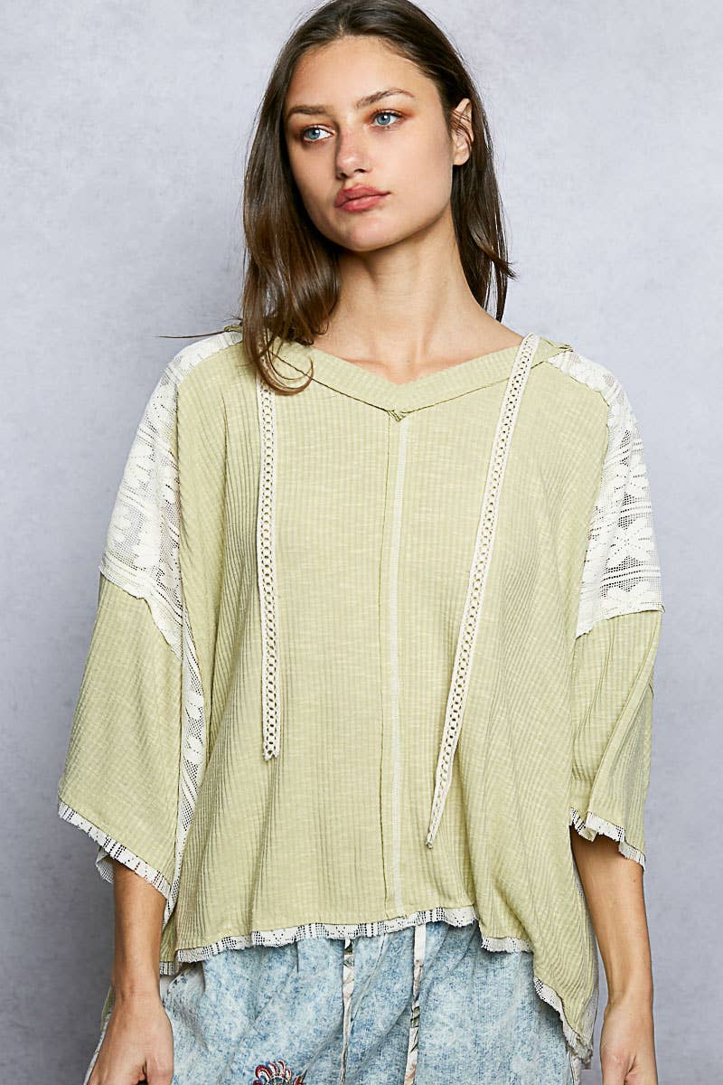 Lace Patch V-Neck Top-Sage