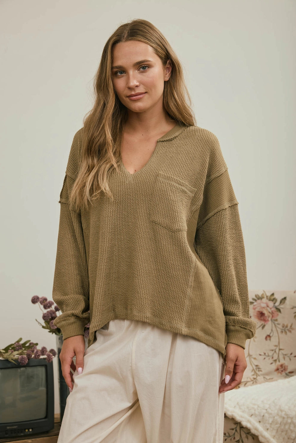 Raw Edge Long Sleeve Top-Sage