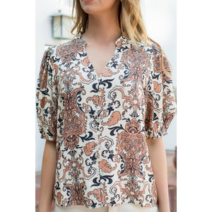 Paisley Print Puff Sleeve Top-Beige