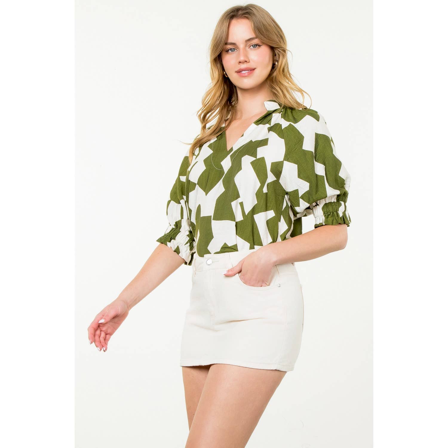 Geo Print Top-Olive