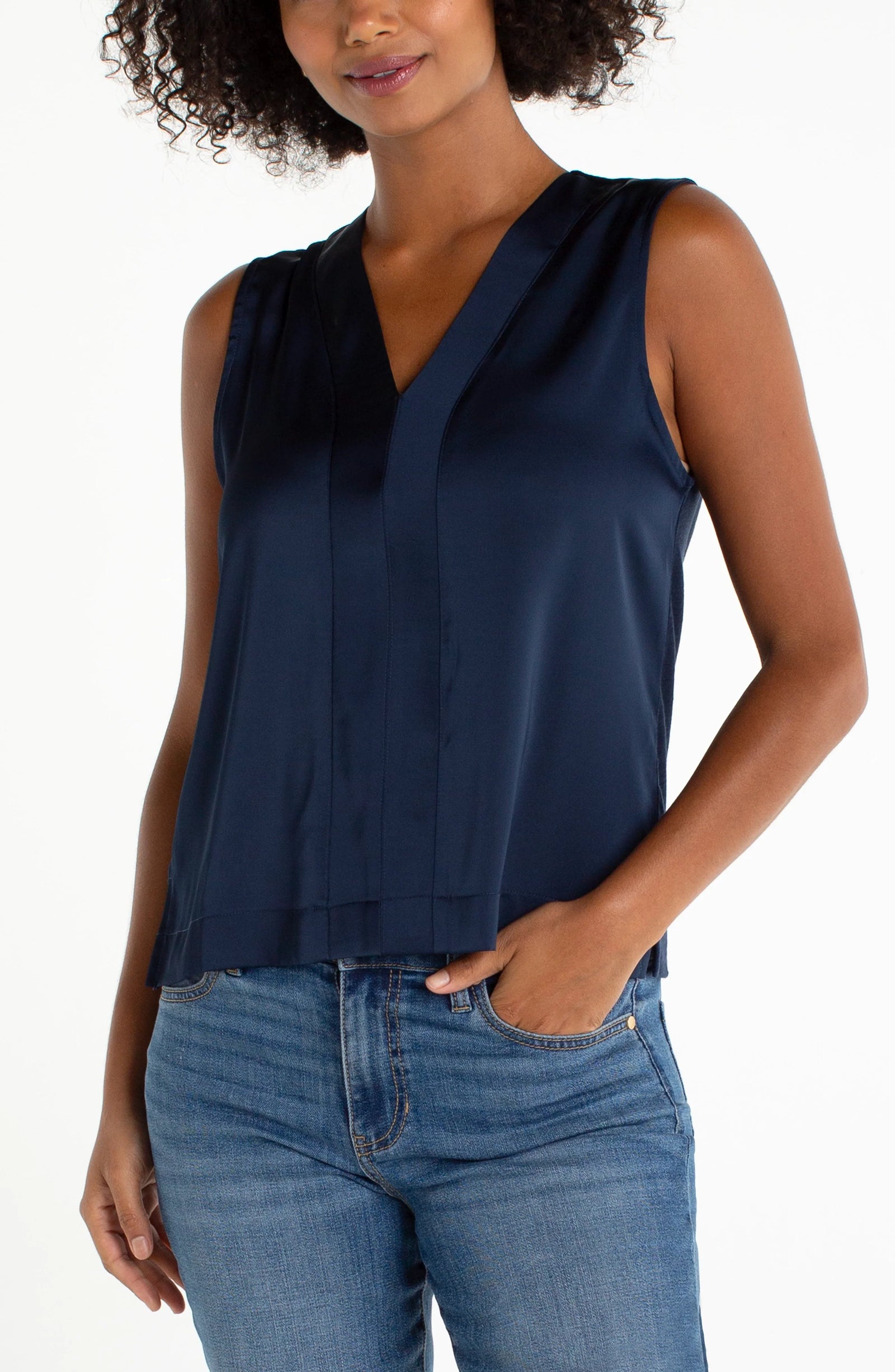 Sleeveless V-neck Woven-to-knit Top