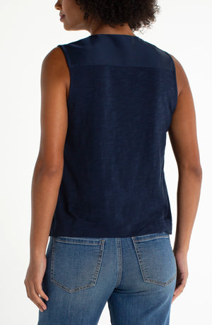 Sleeveless V-neck Woven-to-knit Top