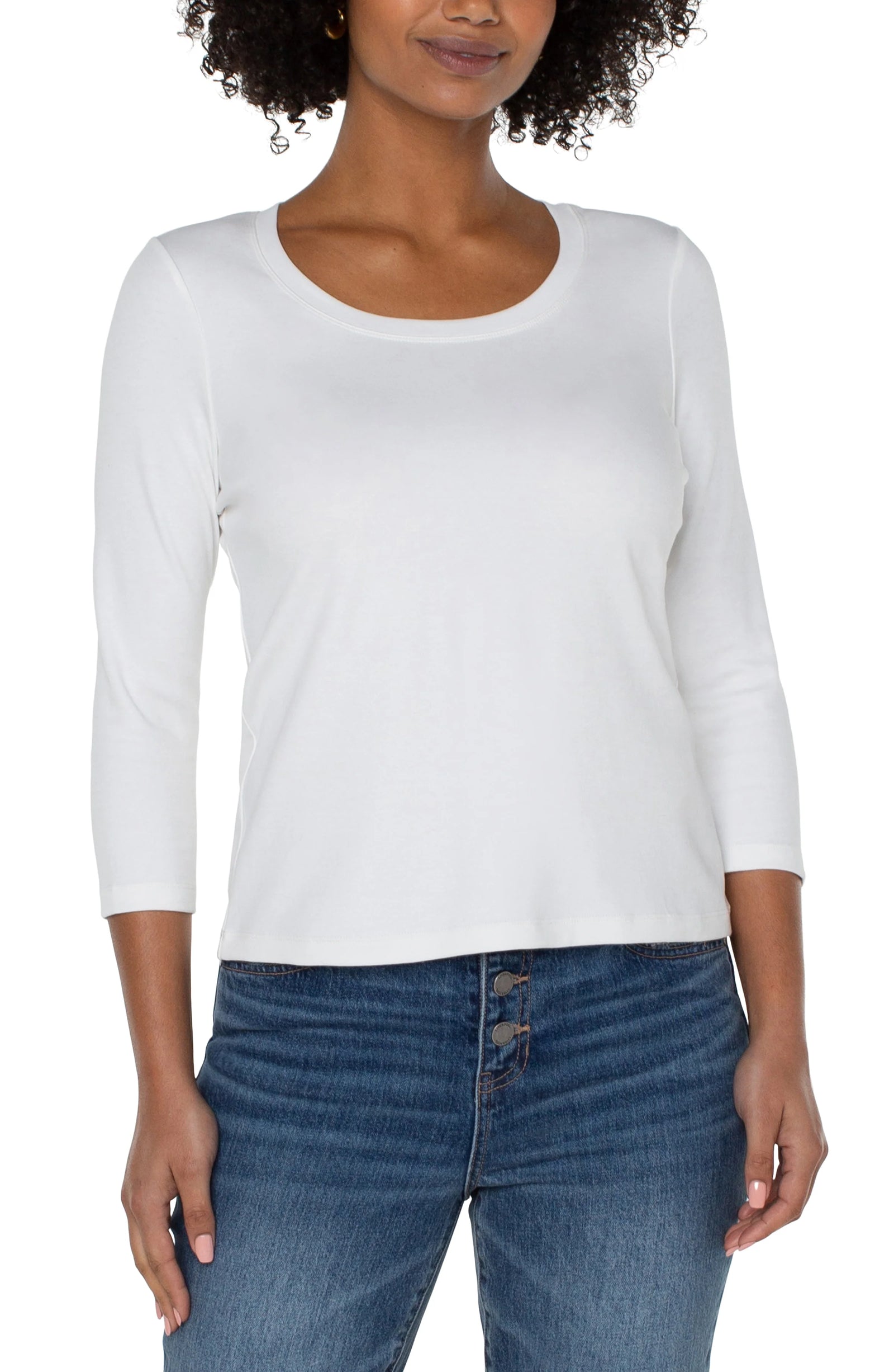 3/4 Sleeve Scoop Neck Knit Tee- White