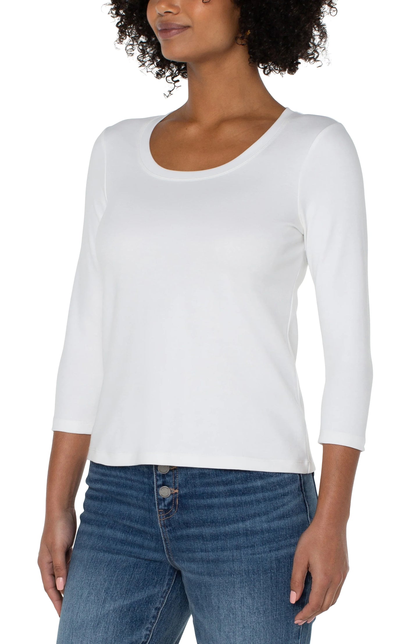 3/4 Sleeve Scoop Neck Knit Tee- White