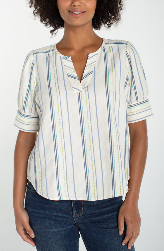Short Sleeve Pop Over Top- Cream/Blue
