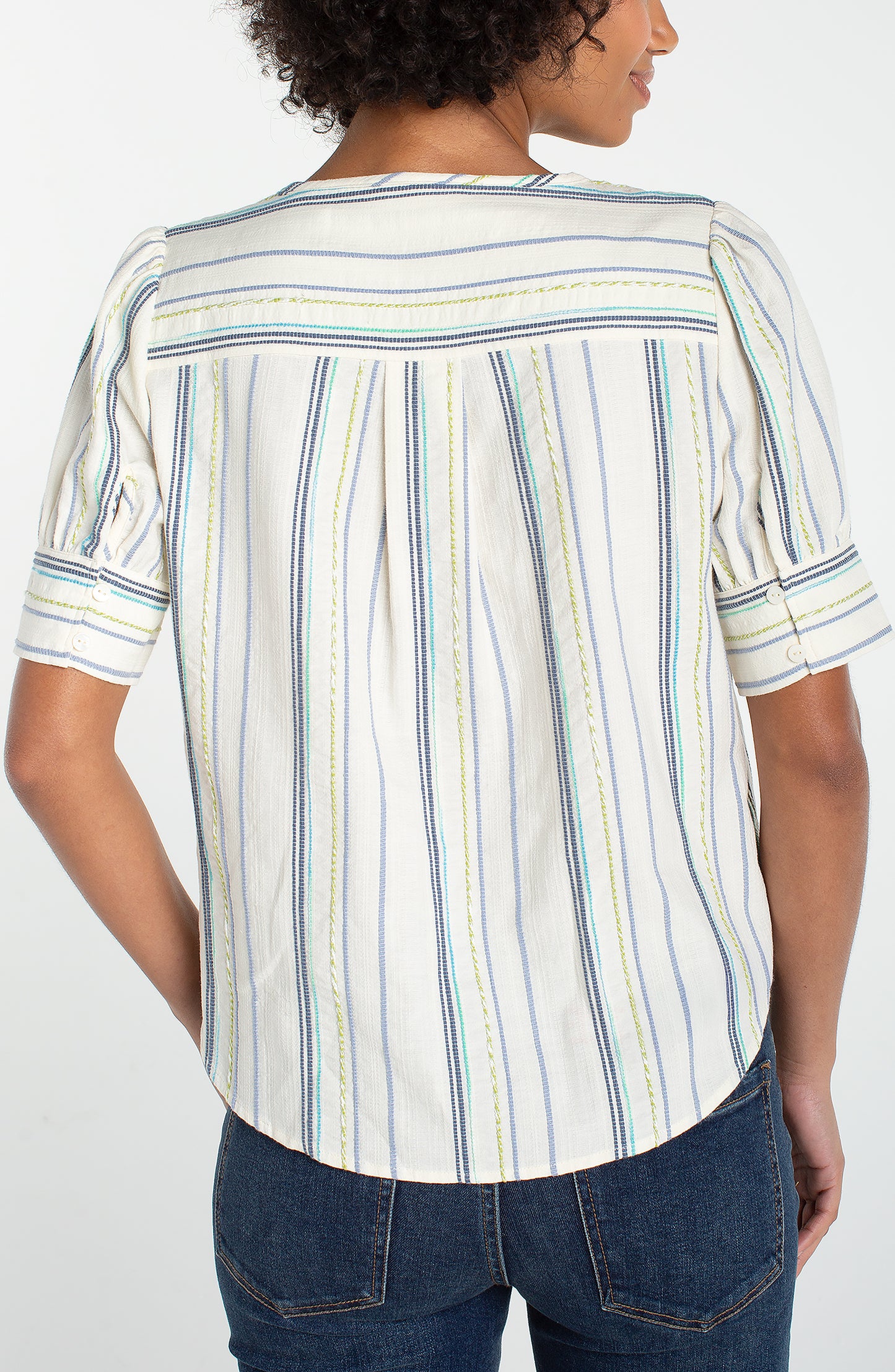 Short Sleeve Pop Over Top- Cream/Blue