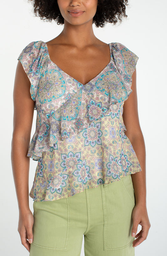 Flutter Sleeve Draped Blouse- Cream Multi