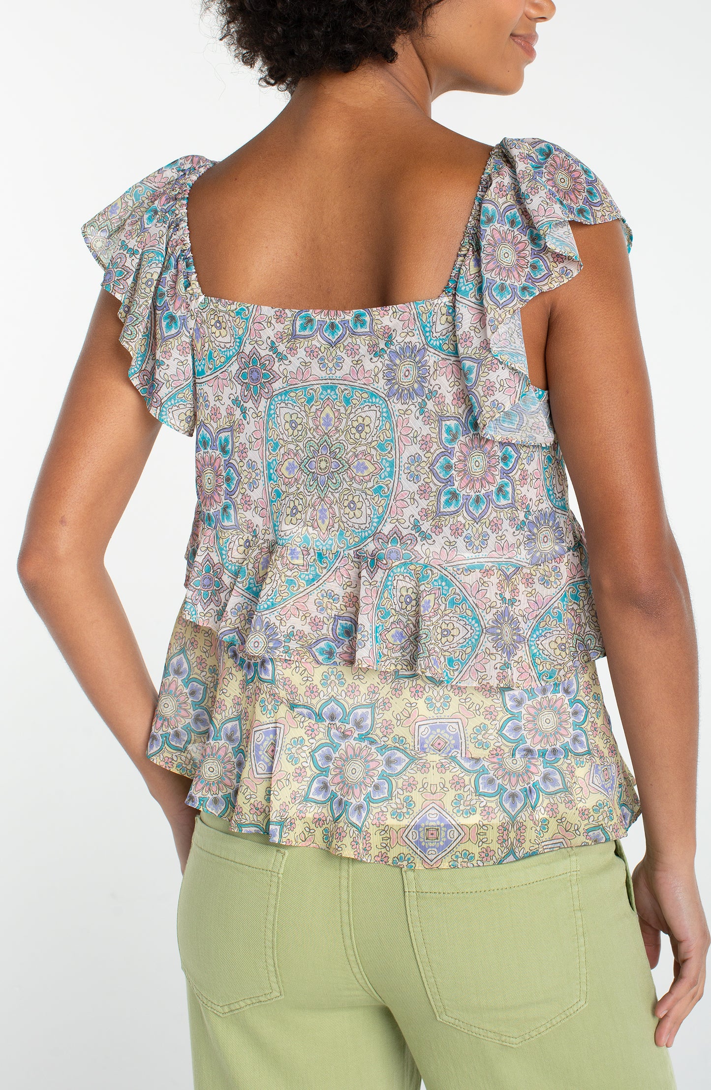 Flutter Sleeve Draped Blouse- Cream Multi