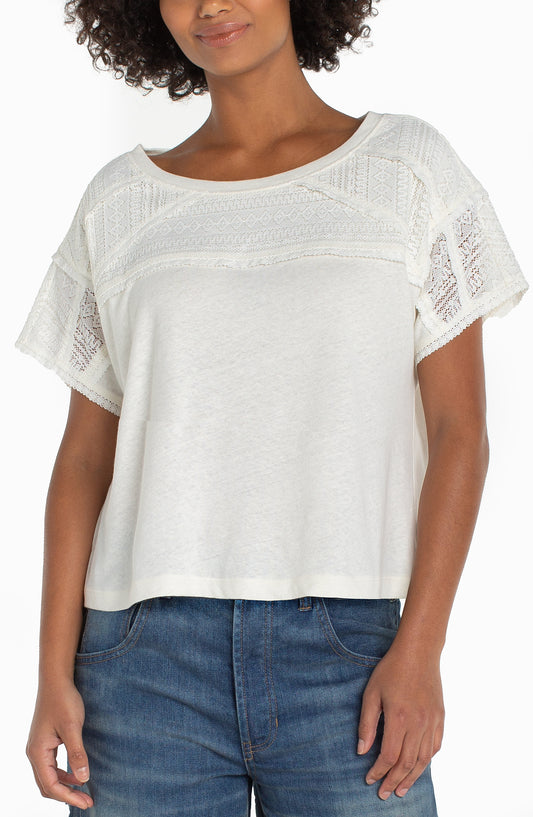 Dolman Boat Neck Knit Top W/ Lace