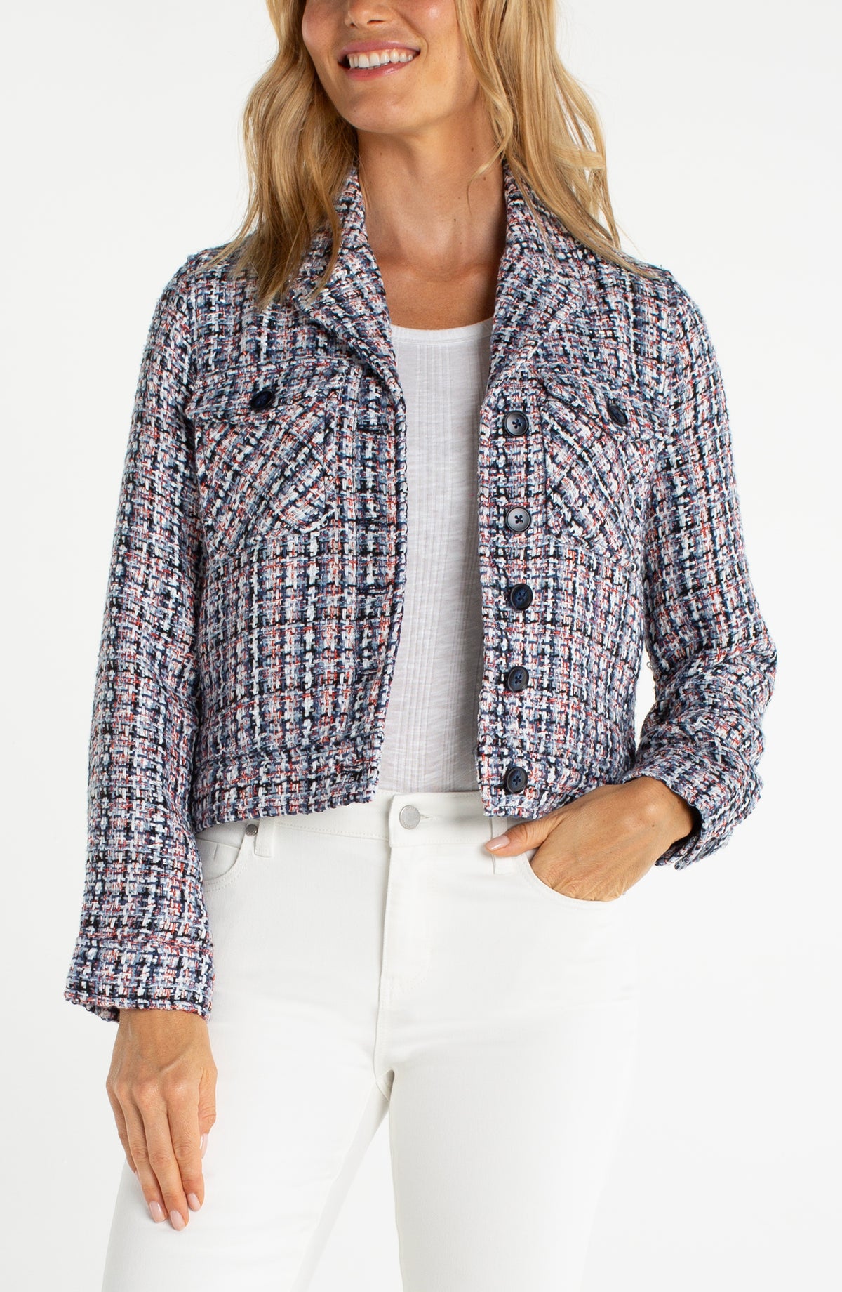 Button Front Jacket- Navy Plaid