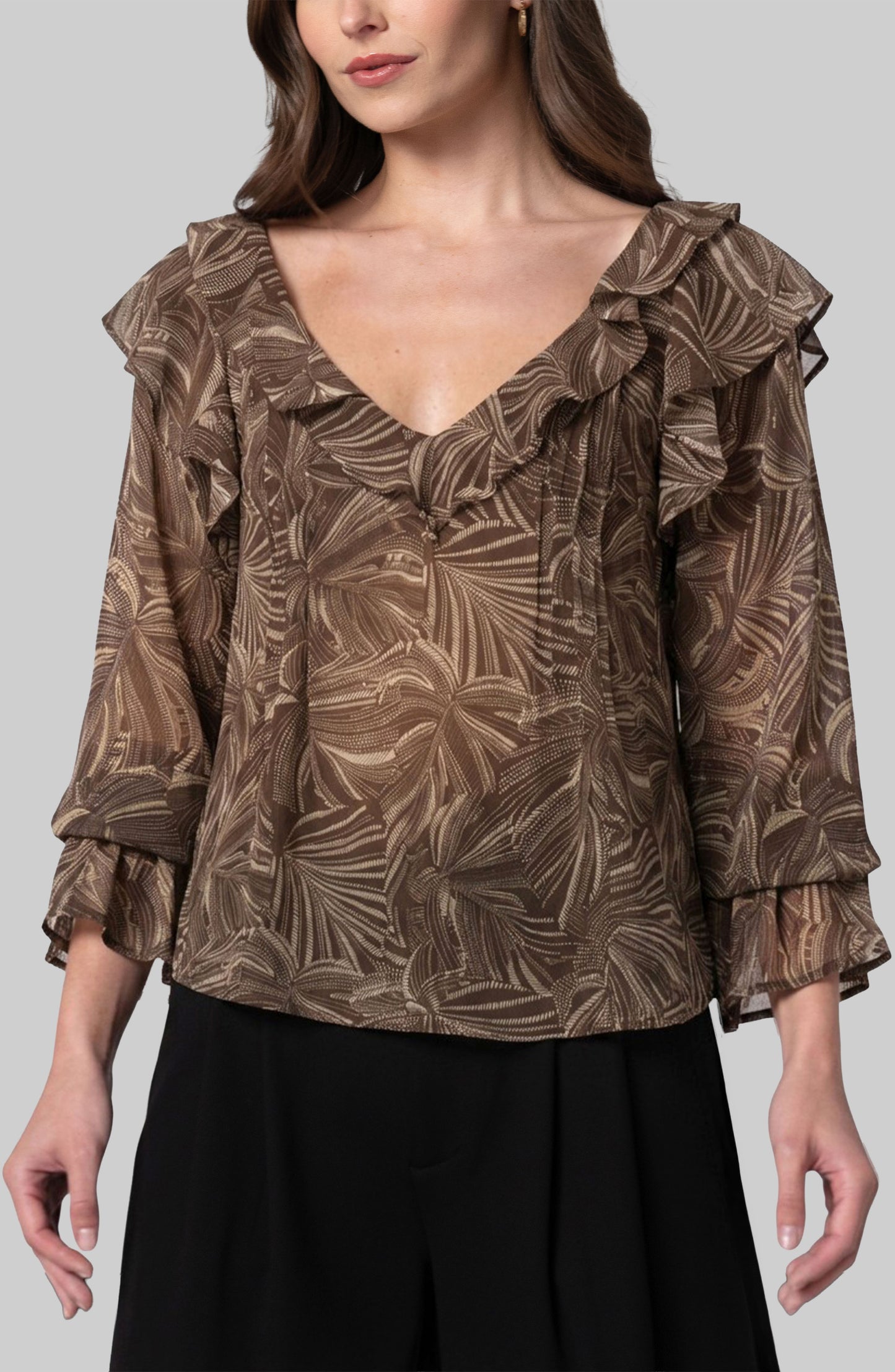 Liverpool Double Ruffle V-neck Woven Blouse